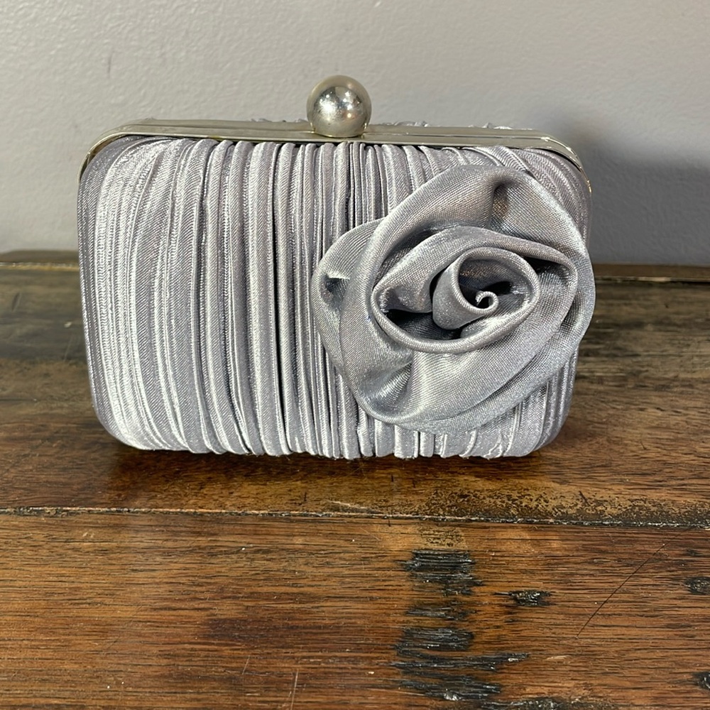 Cute silver clutch with silver chain front rosette pleated shimmer fabric